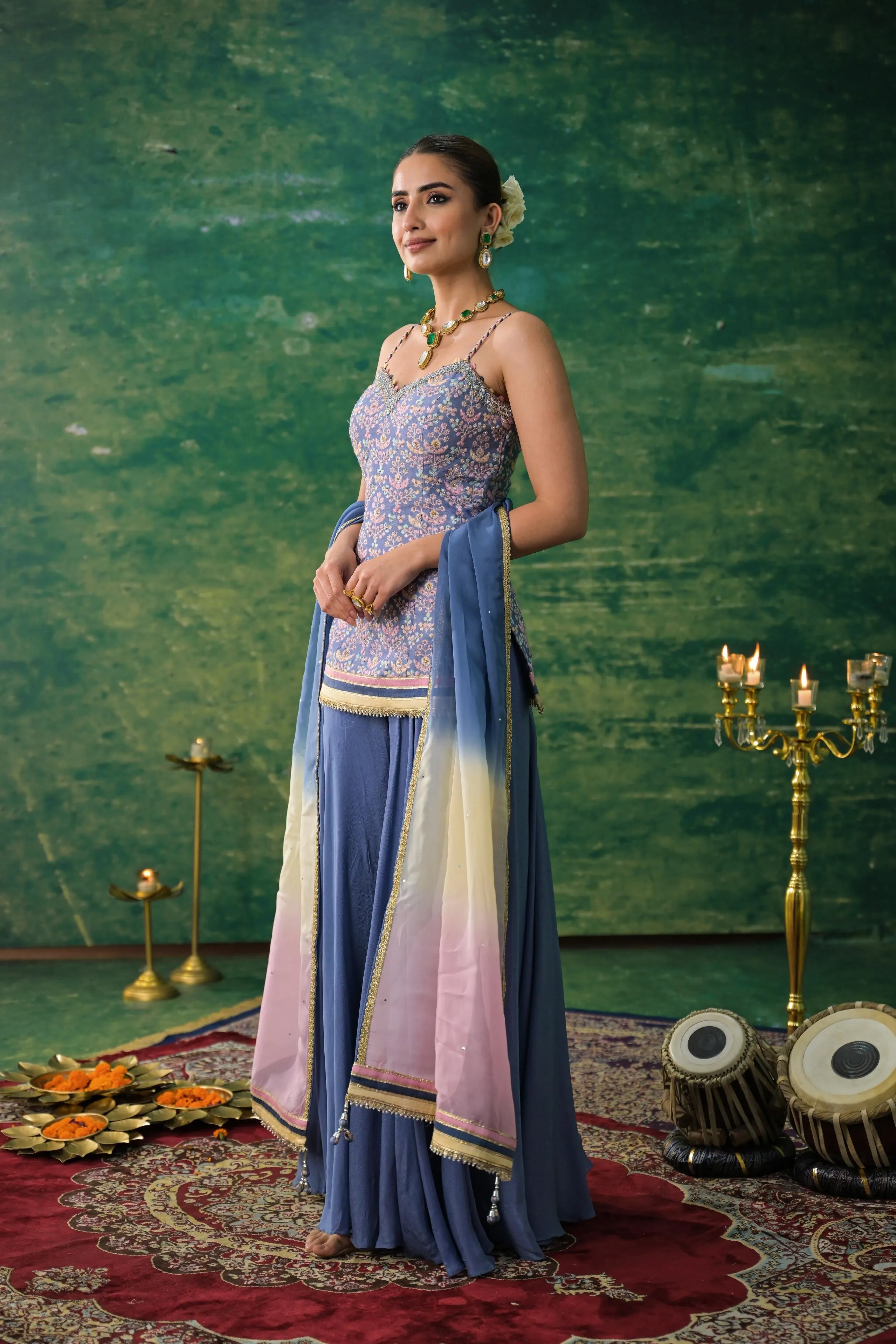 Light Blue Embroidered Raw Silk Palazzo Set