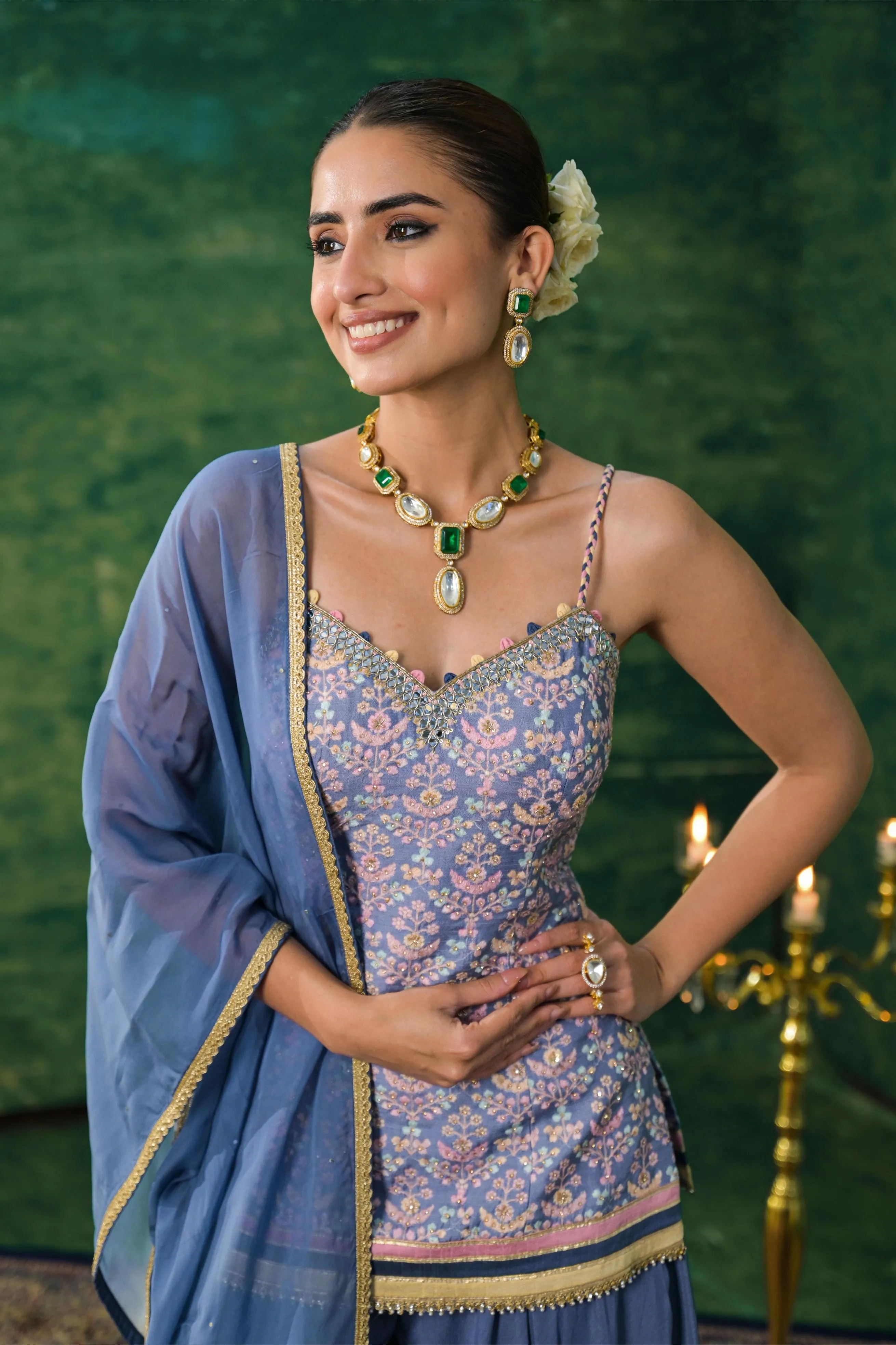 Light Blue Embroidered Raw Silk Palazzo Set