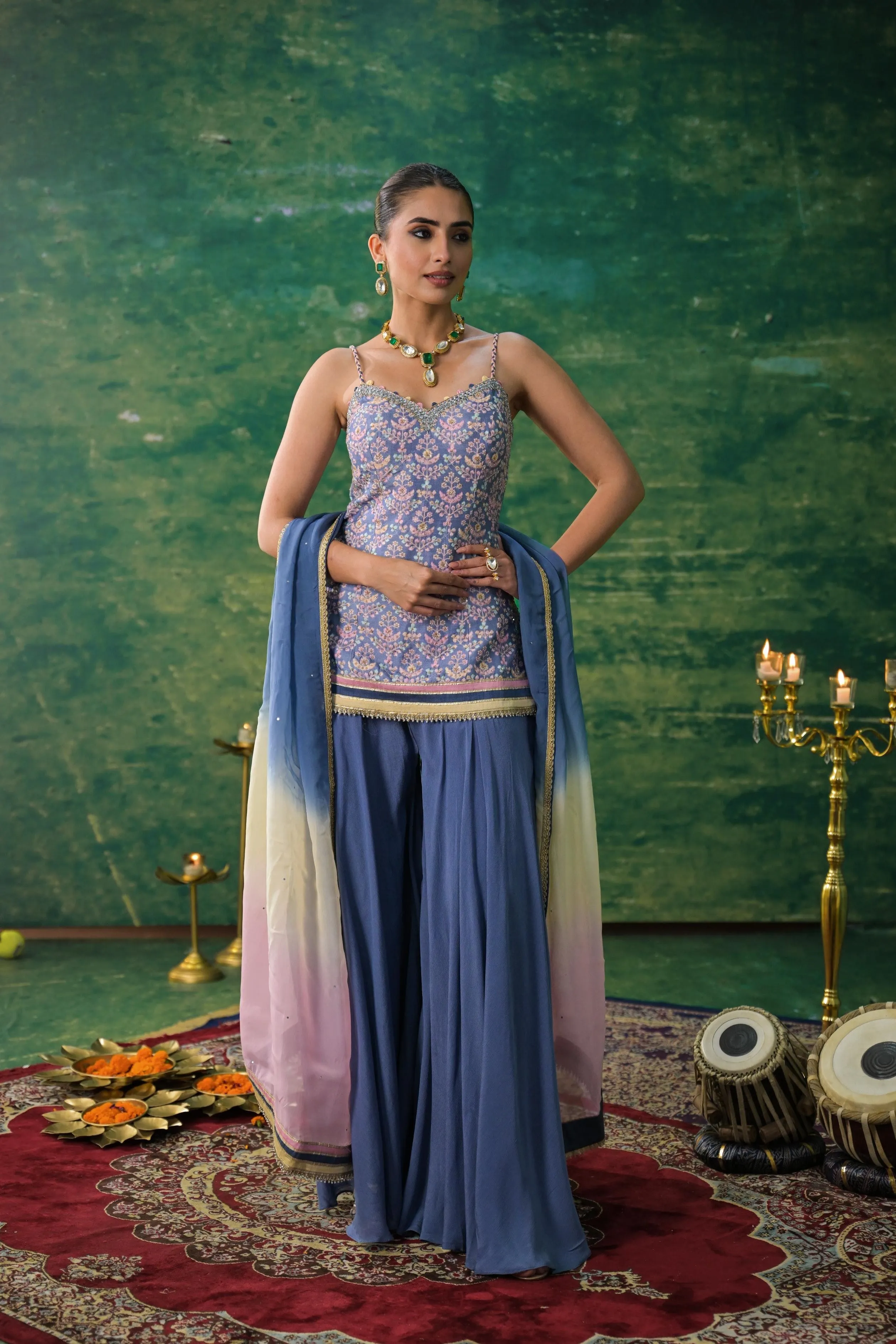 Light Blue Embroidered Raw Silk Palazzo Set