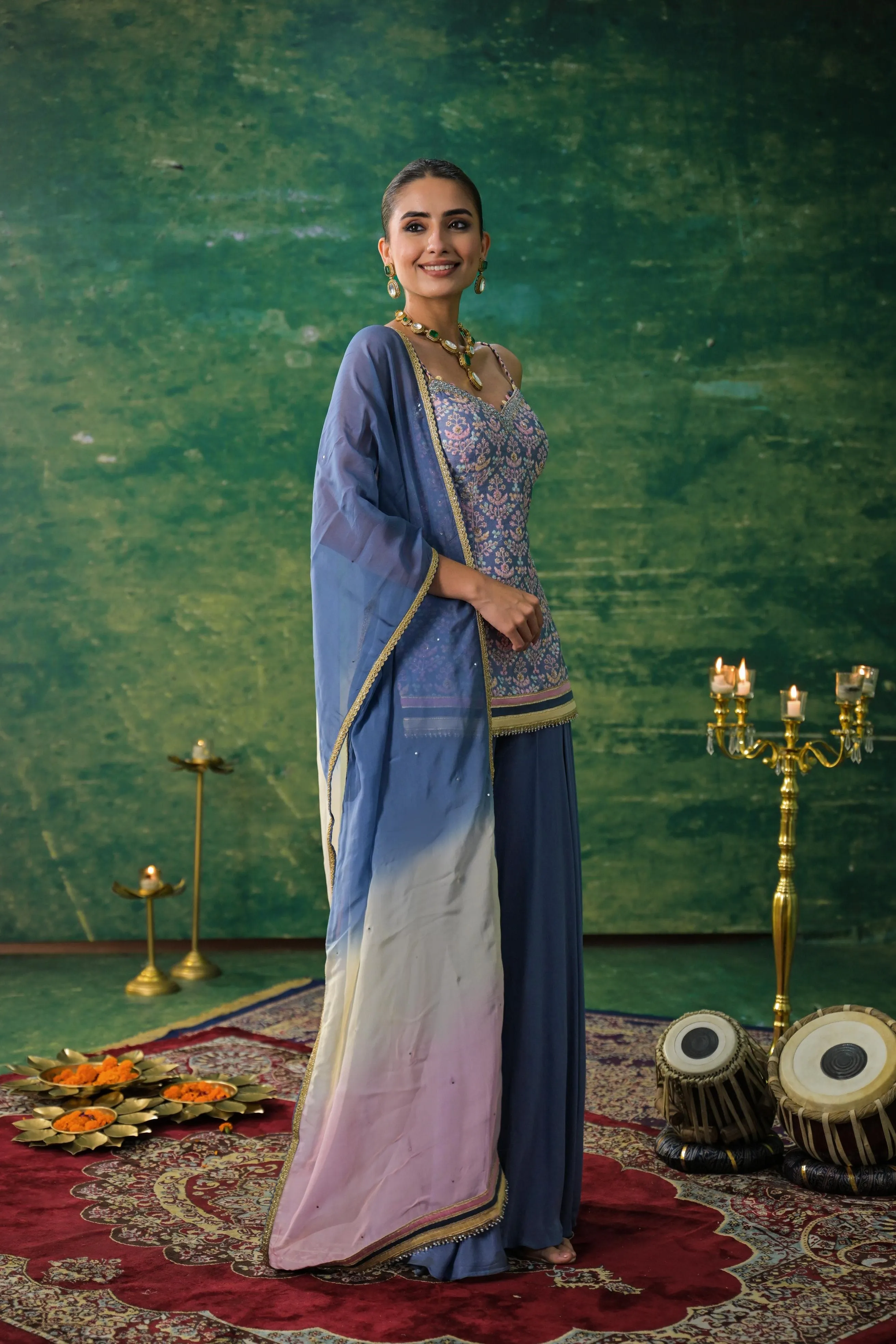 Light Blue Embroidered Raw Silk Palazzo Set