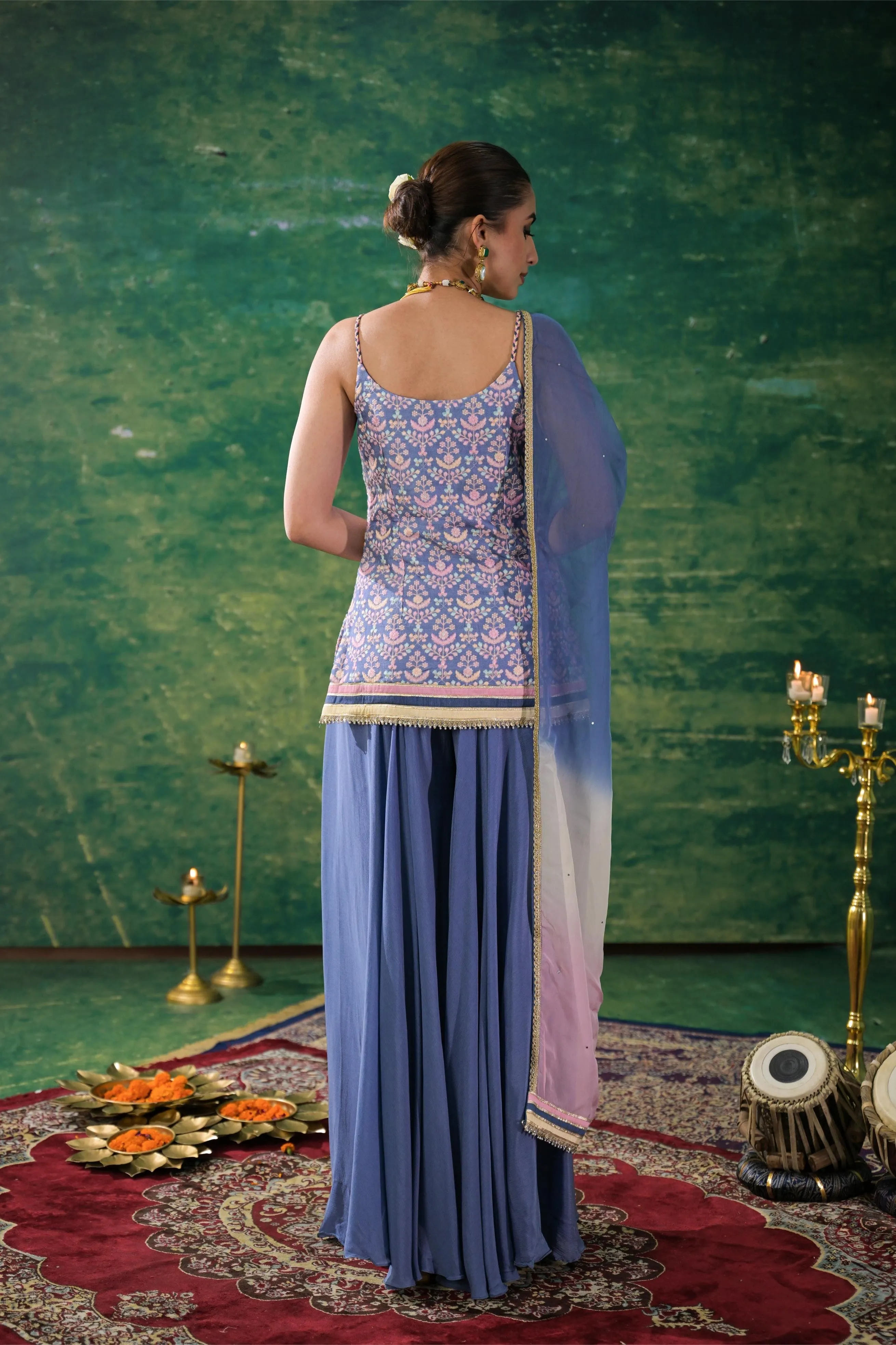 Light Blue Embroidered Raw Silk Palazzo Set